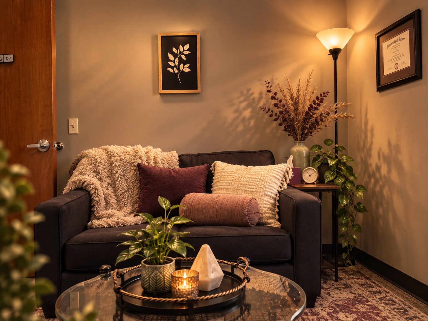 Women’s Recovery Denver office Dark sofa and coffee table in a furnished room