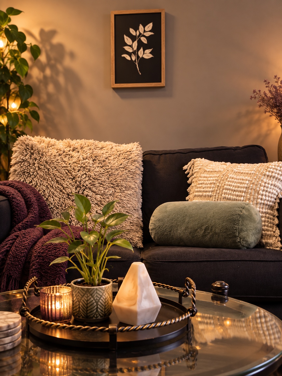 Women’s Recovery Denver office Dark sofa with patterned pillows and a glass table