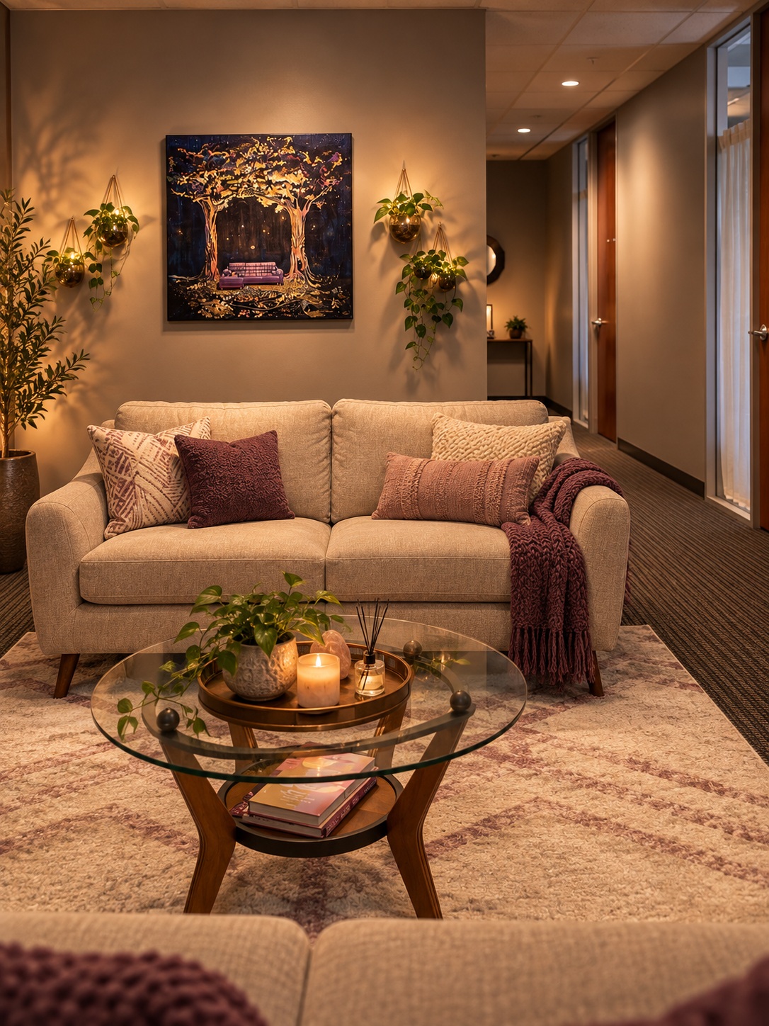 Women’s Recovery Denver office Seating area with a sofa, round table, plants and artwork at Women’s Recovery