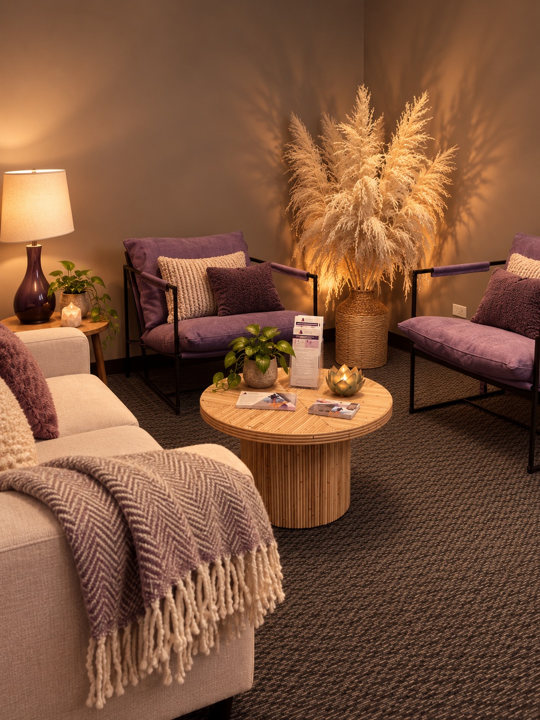 Women’s Recovery Denver office Lounge with purple chairs, cream sofa and table
