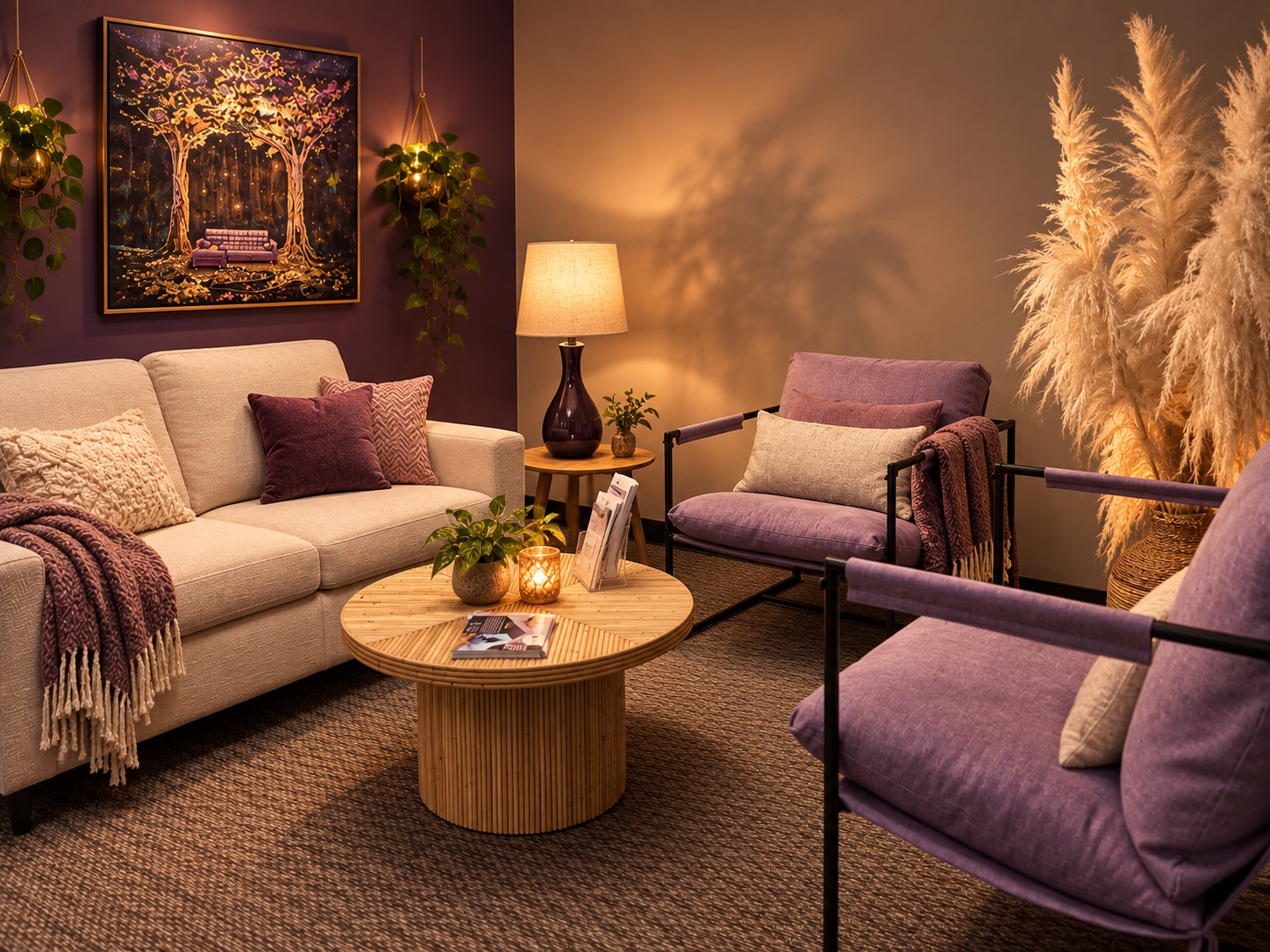 Women’s Recovery Denver office Lounge with purple chairs and dried flowers