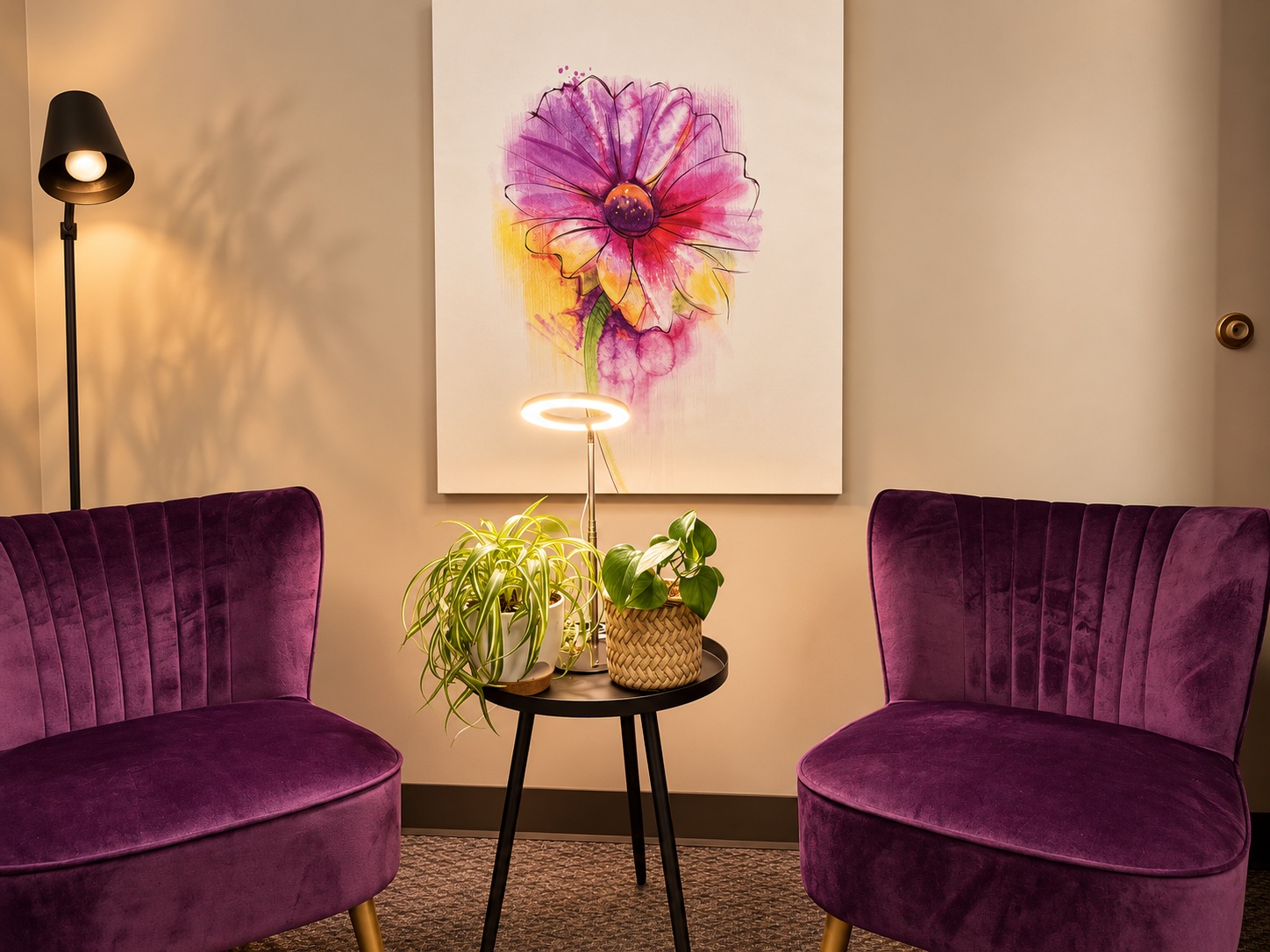 Women’s Recovery Denver office Plum chairs, table and flower painting